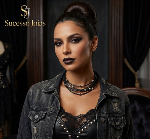 Acessórios Colar Multicamadas com Miçangas Estilo Gótico Dark